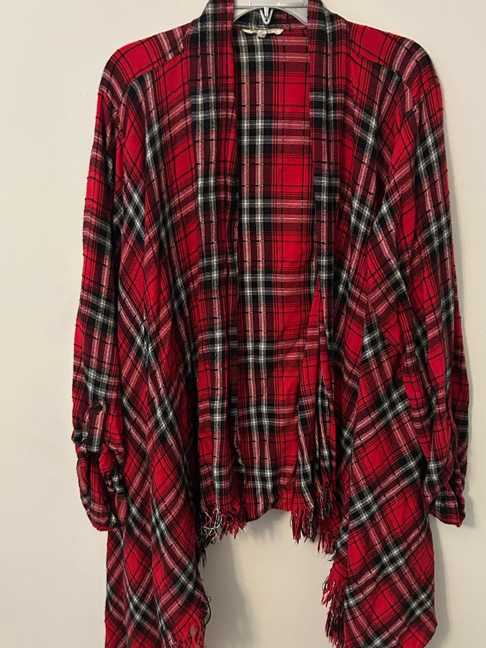 Red Black Plaid Fringe Open-Front with sleeves